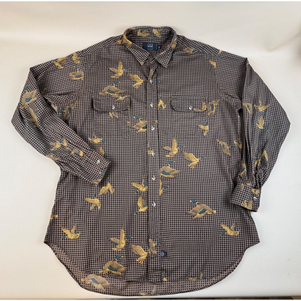 Vintage Hunting Mallard Duck Shirt Houndstooth Print XL Ike Behar